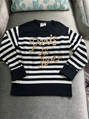 Cinq a Sept Paris Is Love Sequin Striped Cotton Blend Sweater Size XS